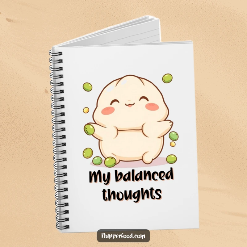 Funny Dumpling Notebook featuring a playful character with rosy cheeks, balancing on a tiny ball, perfect for jotting down cute thoughts with a smile.