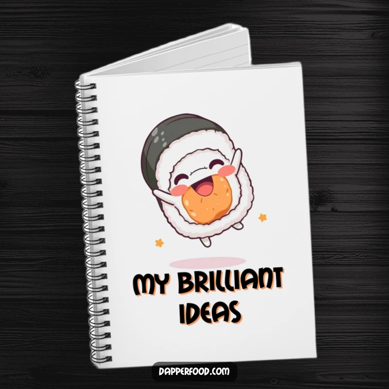Funny sushi roll notebook, kawaii character in a joyful somersault, perfect for notes and ideas, great funny gift.