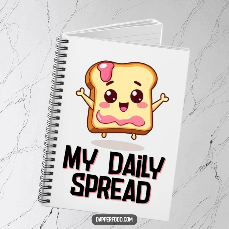 Funny notebook cover with a piece of toast with eyes joyfully jumping towards a jelly jar, representing excitement and creativity.