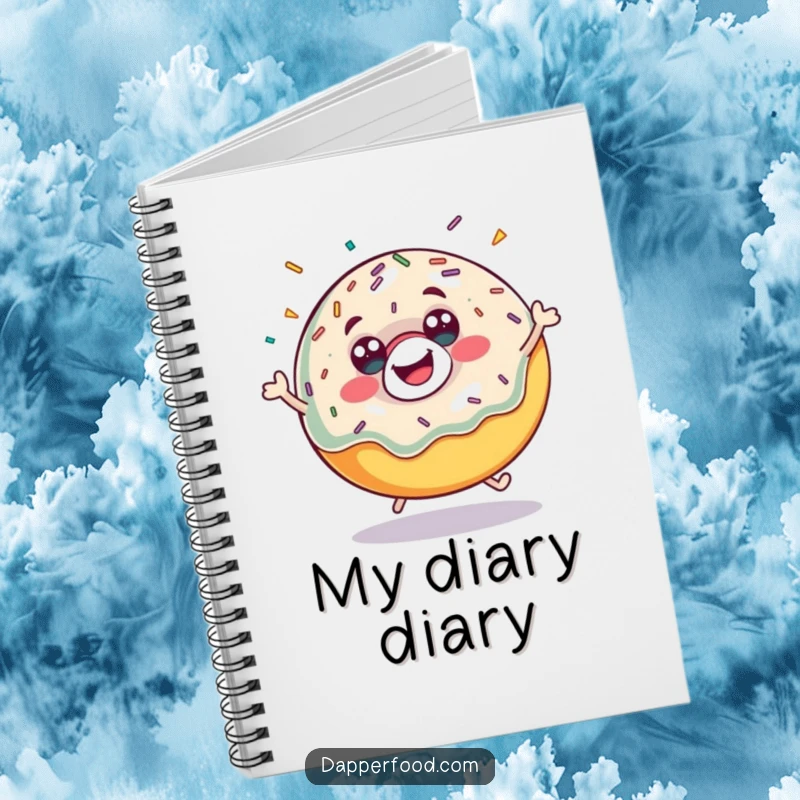 Funny donut bounce notebook, featuring a happy donut with sprinkles flying, ready for your notes. A unique funny gift.