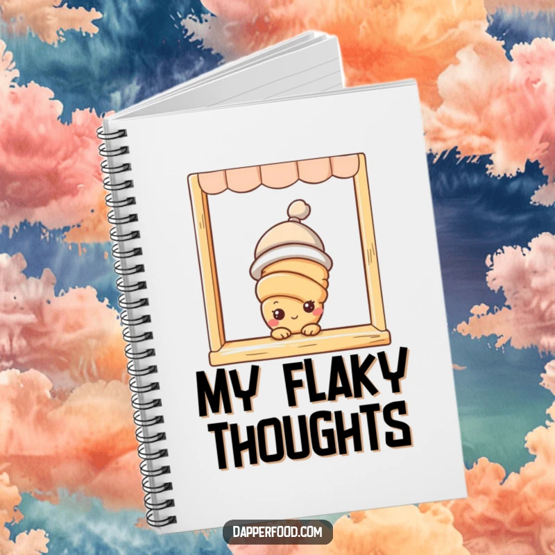 Funny croissant character with eyes and hat peeking from a bakery window on a notebook cover, for jotting ideas.