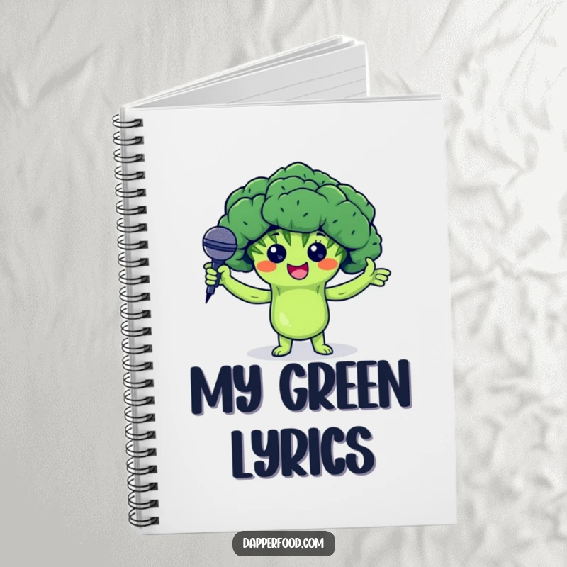 Funny notebook with a proud broccoli floret character holding arms up and presenting a tiny microphone, for jokes and ideas.