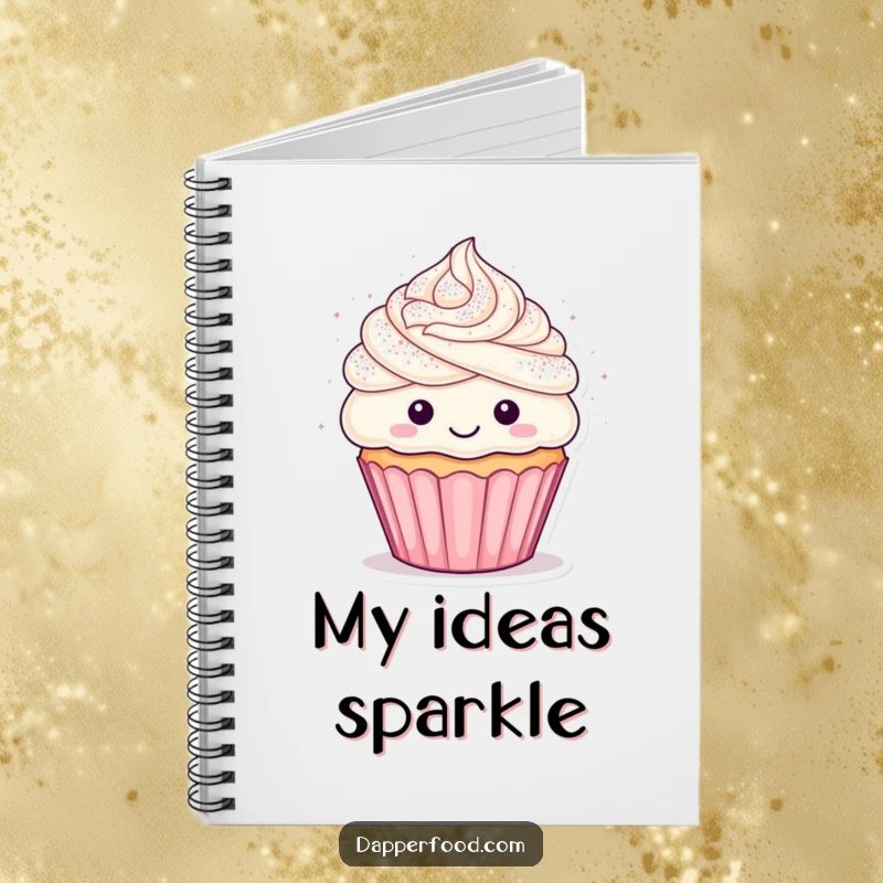 Funny cupcake notebook featuring a happy character with frosting hair showered in glitter, designed for creative and humorous note-taking.