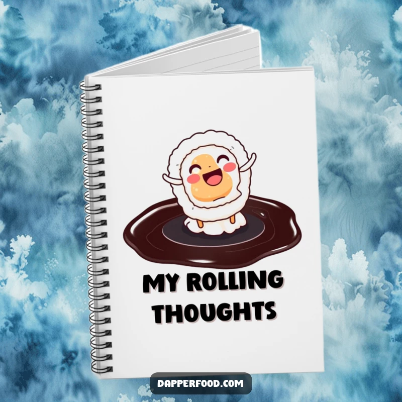 Funny notebook with a sushi roll doing a cartwheel on soy sauce, ideal for jotting down funny thoughts.
