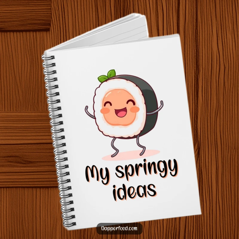 Funny Notebook: A happy sushi roll with tiny spring legs bounces, symbolizing energetic ideas and culinary inspiration.