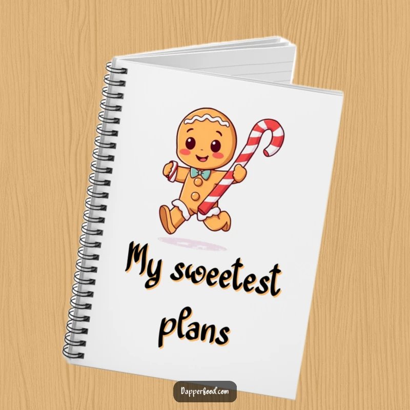 Funny gingerbread man character with arms running with a giant candy cane on a notebook cover, for holiday notes.