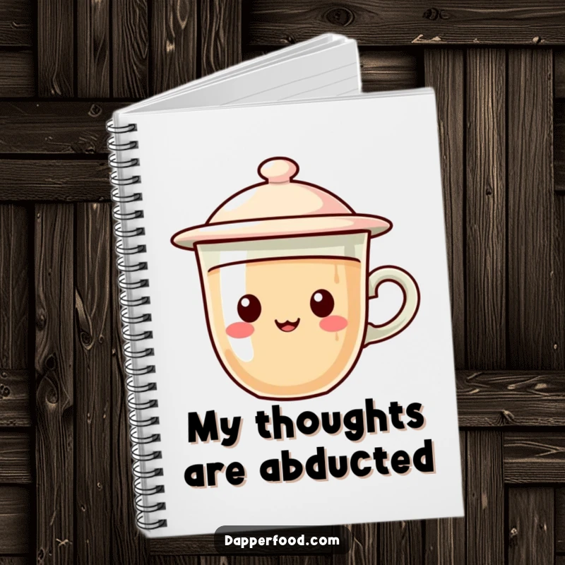 Funny coffee notebook featuring a charming cup character with a flying saucer lid, hovering gleefully, perfect for creative jotting.
