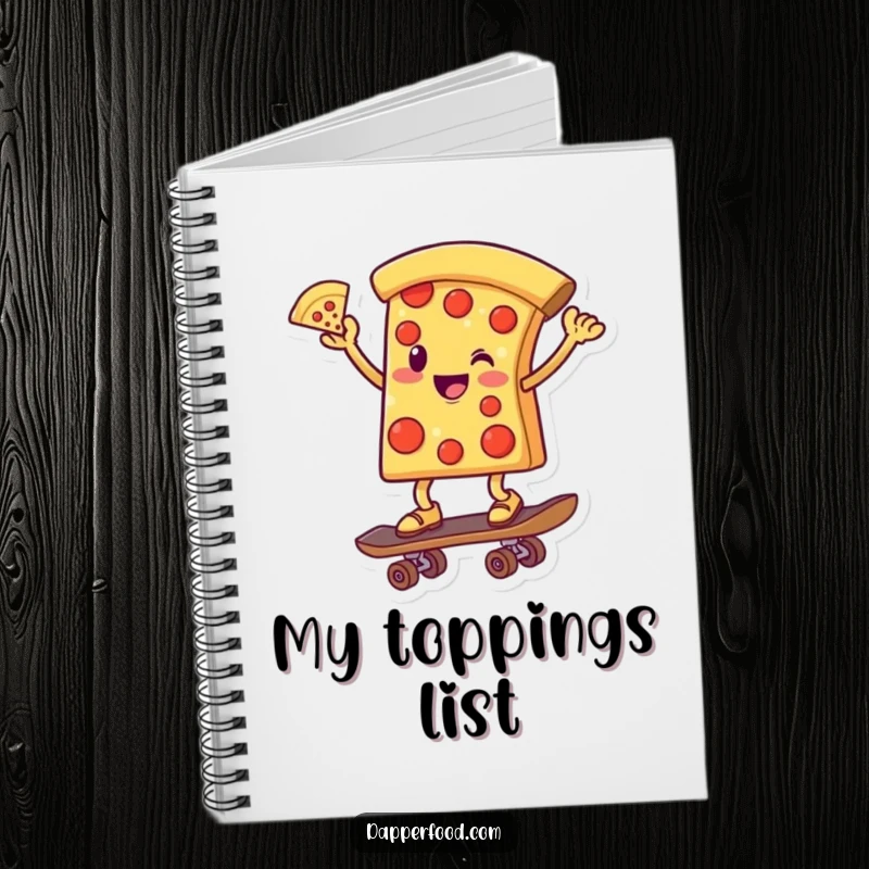 Funny notebook cover with a smiling pizza slice character balancing on a skateboard, one slice pointing forward, in motion.