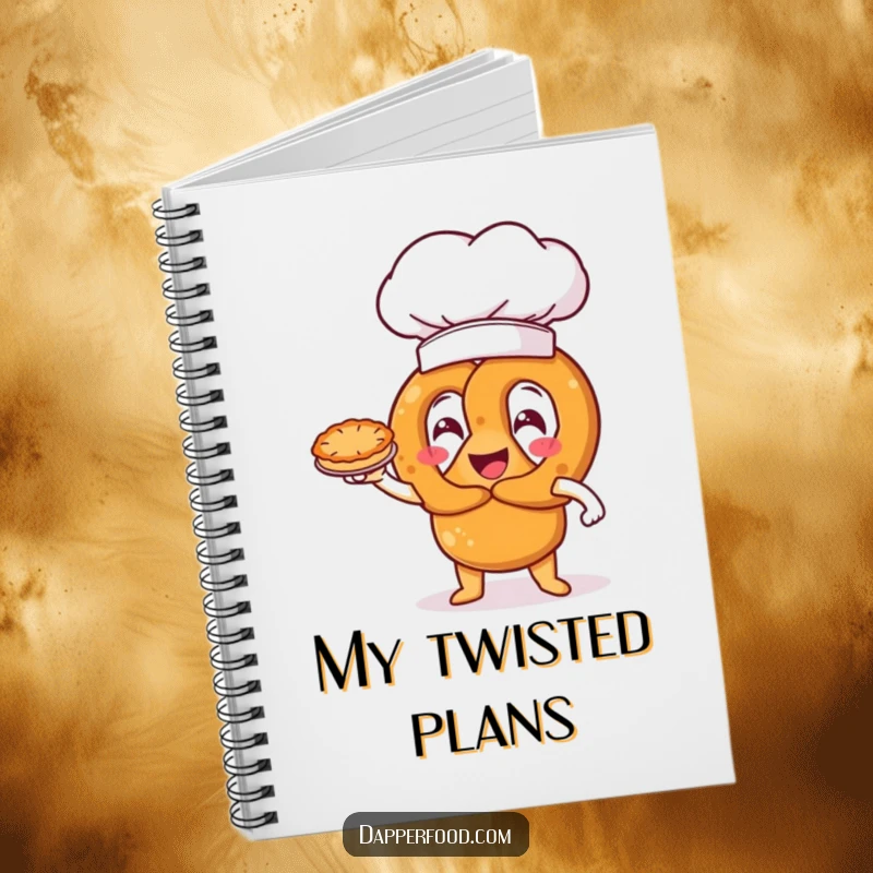 Funny pretzel character with an oversized chef hat, triumphantly presenting a miniature pie, a humorous notebook.