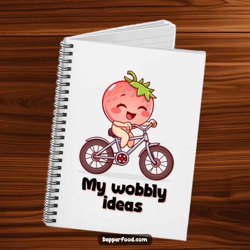 Funny strawberry character winking and riding a tiny bicycle with square wheels, a humorous notebook for writing and drawing.