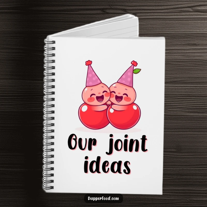 Funny giggling cherries wearing tiny party hats, sharing a joyful, exaggerated hug, a humorous notebook.