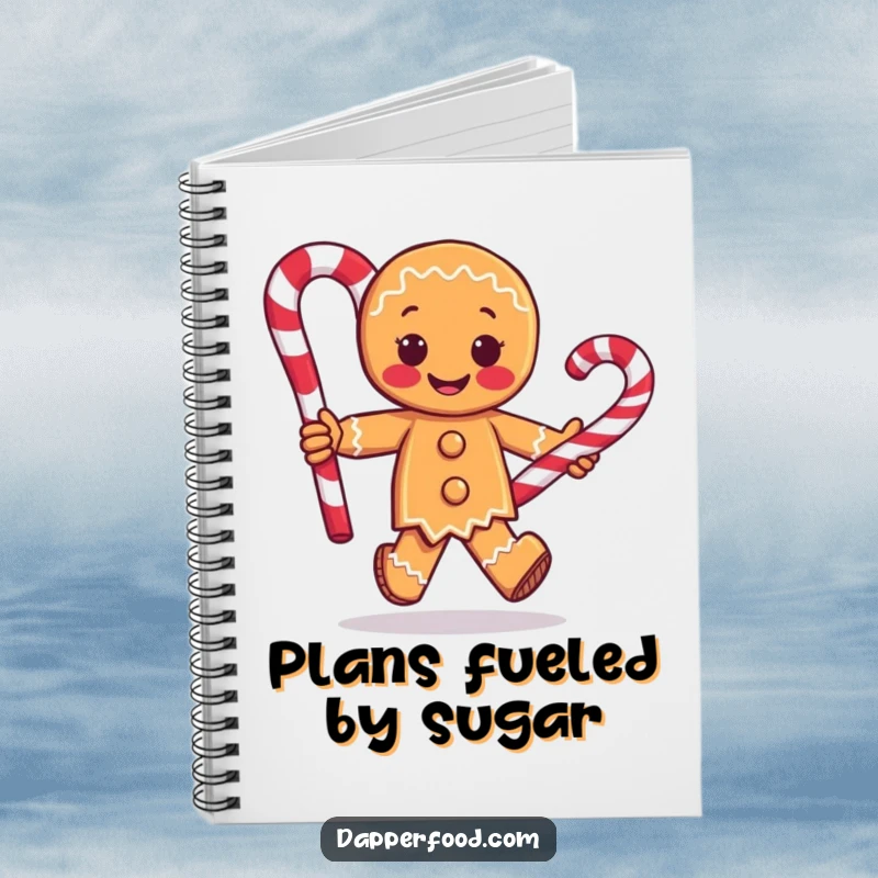 Funny notebook with a gingerbread man character racing with a large candy cane, perfect for jotting down notes with a whimsical, humorous flair.