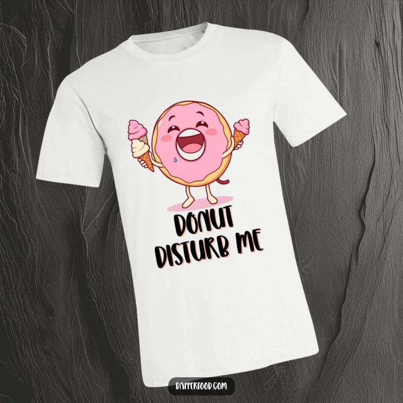 Funny donut t-shirt, delighted expression, attempting to juggle three small ice cream cones, showcasing a playful and humorous character.