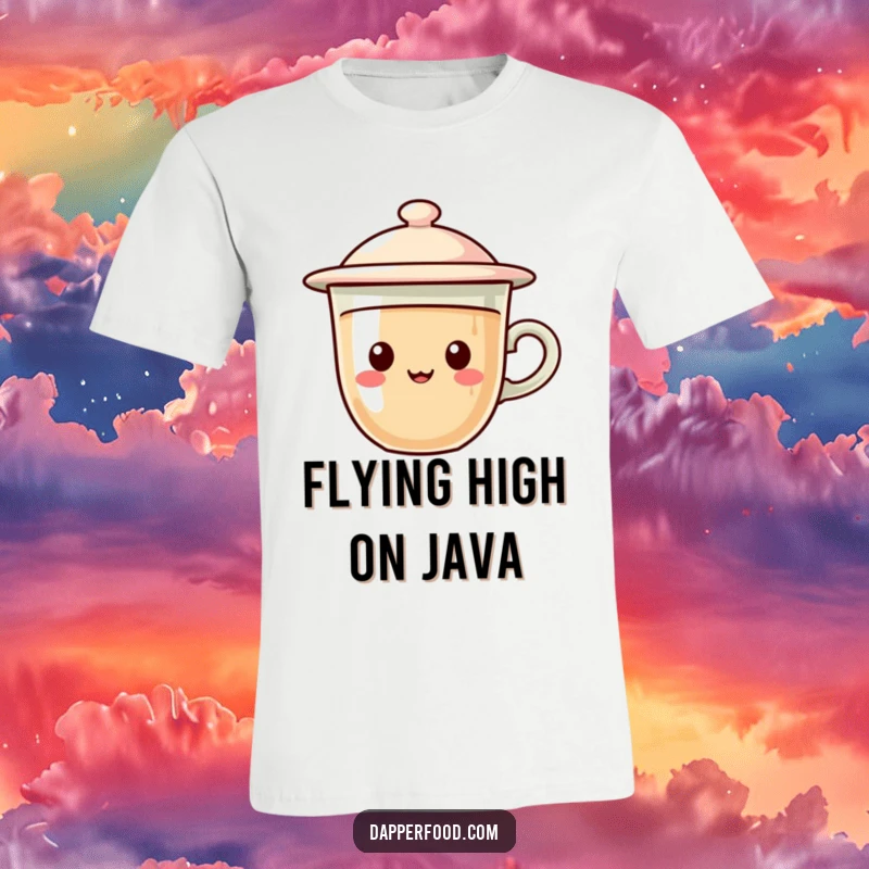 Funny t-shirt featuring a coffee cup character with a flying saucer lid, gleefully hovering in a galactic theme.