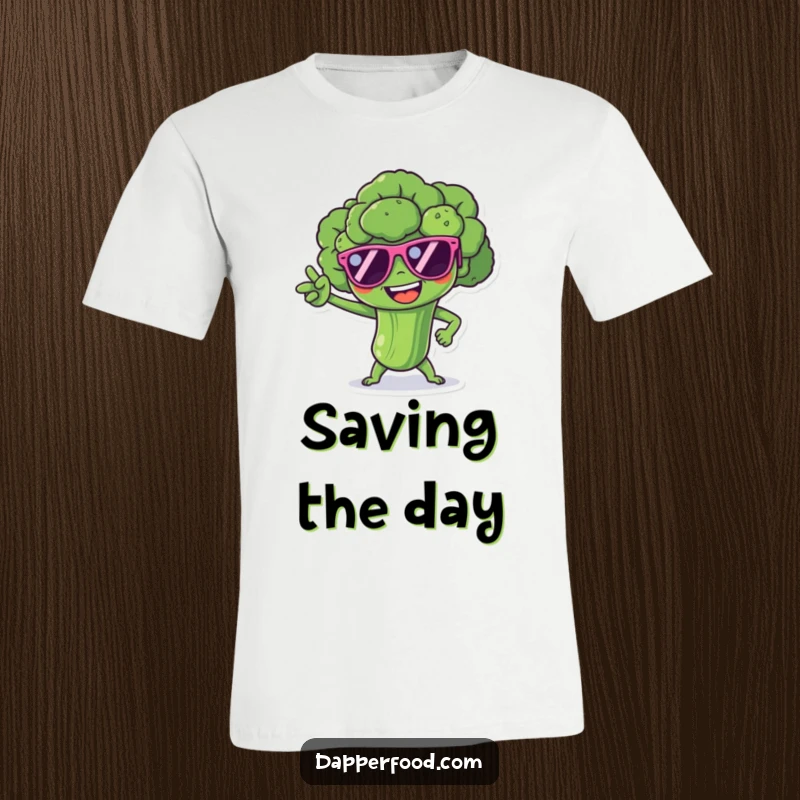 Funny cheerful broccoli spear character with tiny sunglasses, striking a dramatic superhero pose on a funny graphic tee.