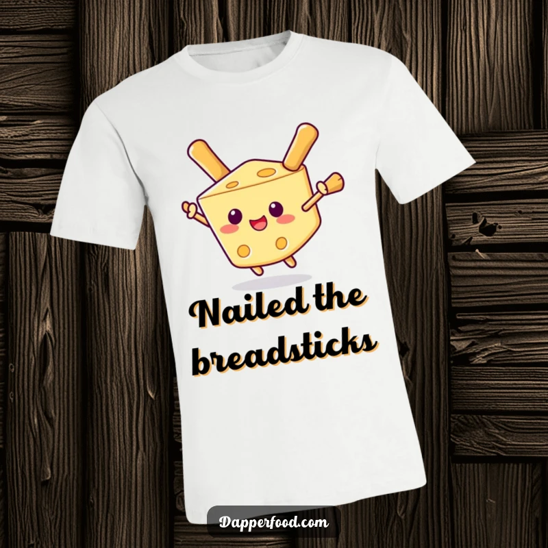 Funny t-shirt showcasing a delighted cheese wedge attempting to fly using breadstick wings, looking incredibly happy and adventurous.
