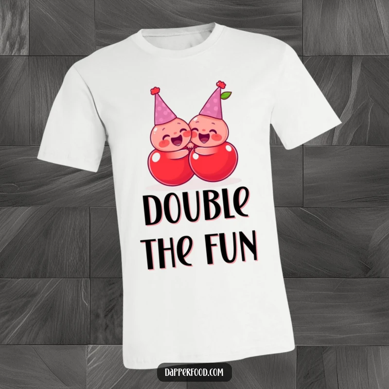 Funny giggling cherries in tiny party hats, sharing a joyful, exaggerated hug, a humorous graphic tee.