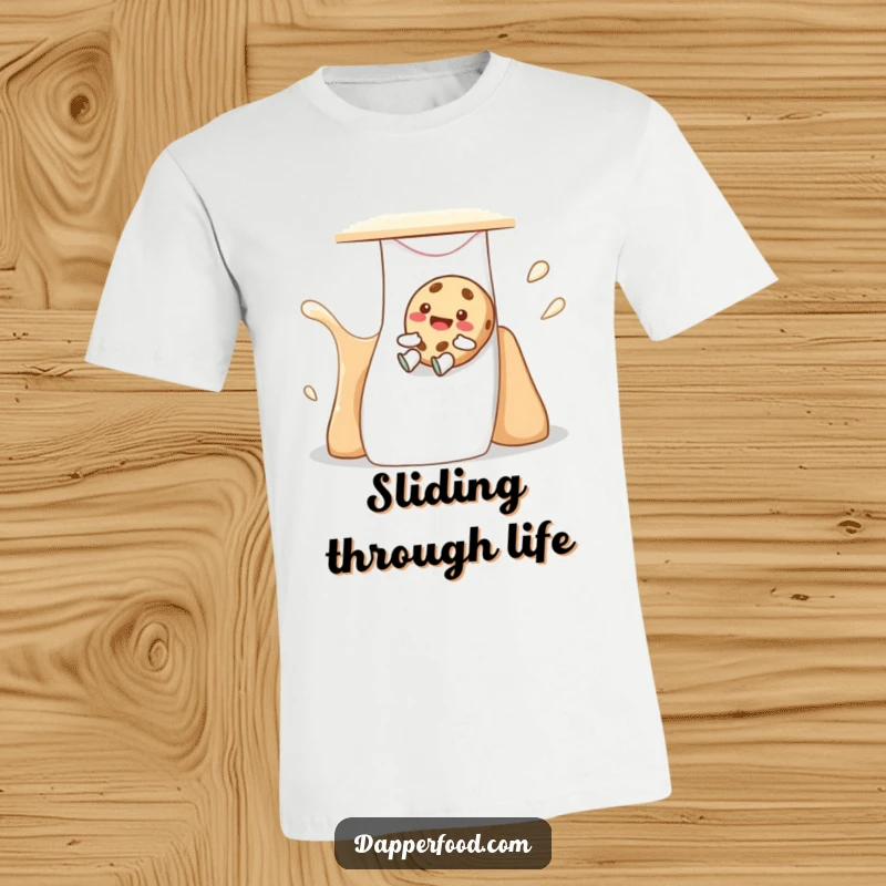 Funny cookie t-shirt character giggling and sliding down a milk-flavored slide, embodying playful sweetness and joy.