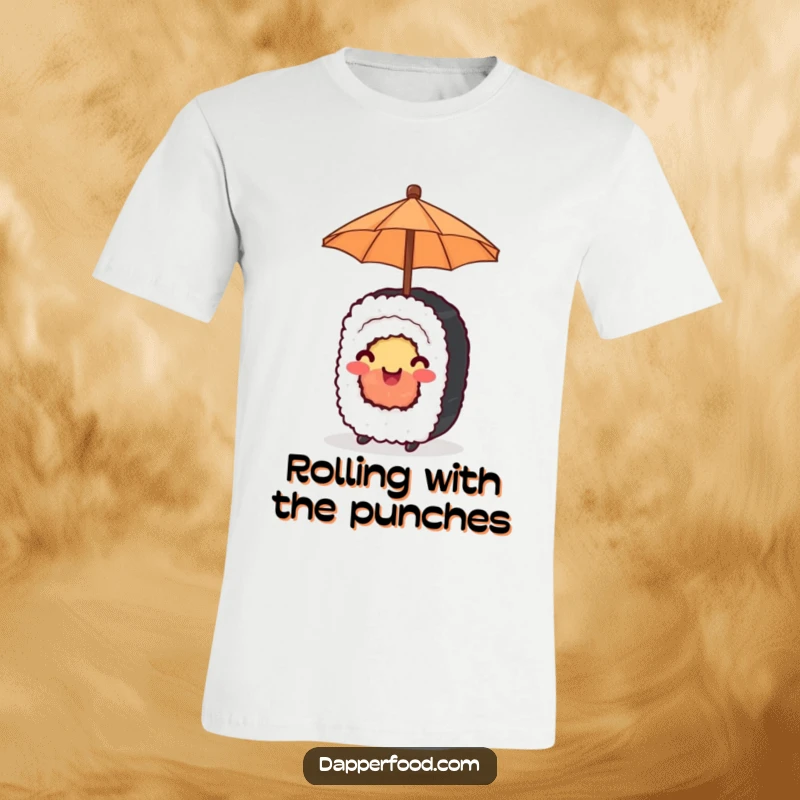 Funny T-Shirt with a happy sushi roll balancing a tiny umbrella over its head, radiating joy and sunshine.