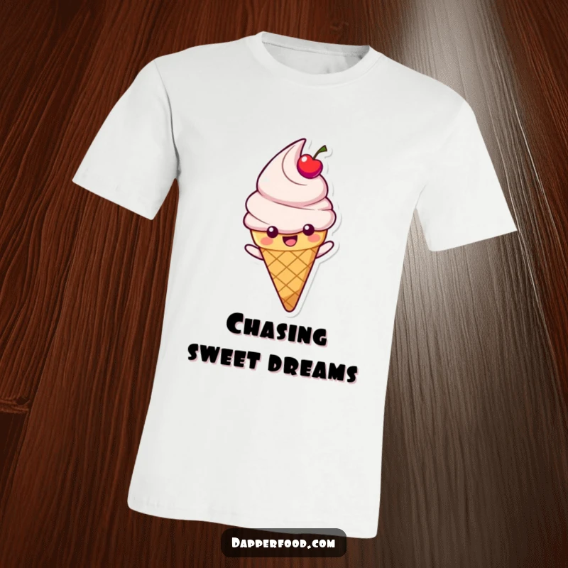Funny Ice Cream T-Shirt showcasing a happy cone character with cherry topping, sliding down a rainbow, perfect for spreading sweet cheer.