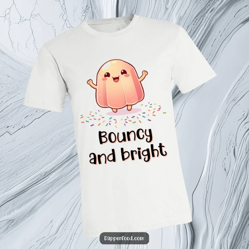 Funny t-shirt depicting a wobbly jelly bouncing with immense joy on a colorful sprinkle surface.