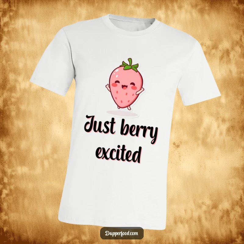 Funny Kawaii Strawberry T-Shirt: A cute strawberry character in an energetic twirl, embodying excitement, a wonderful funny gift.