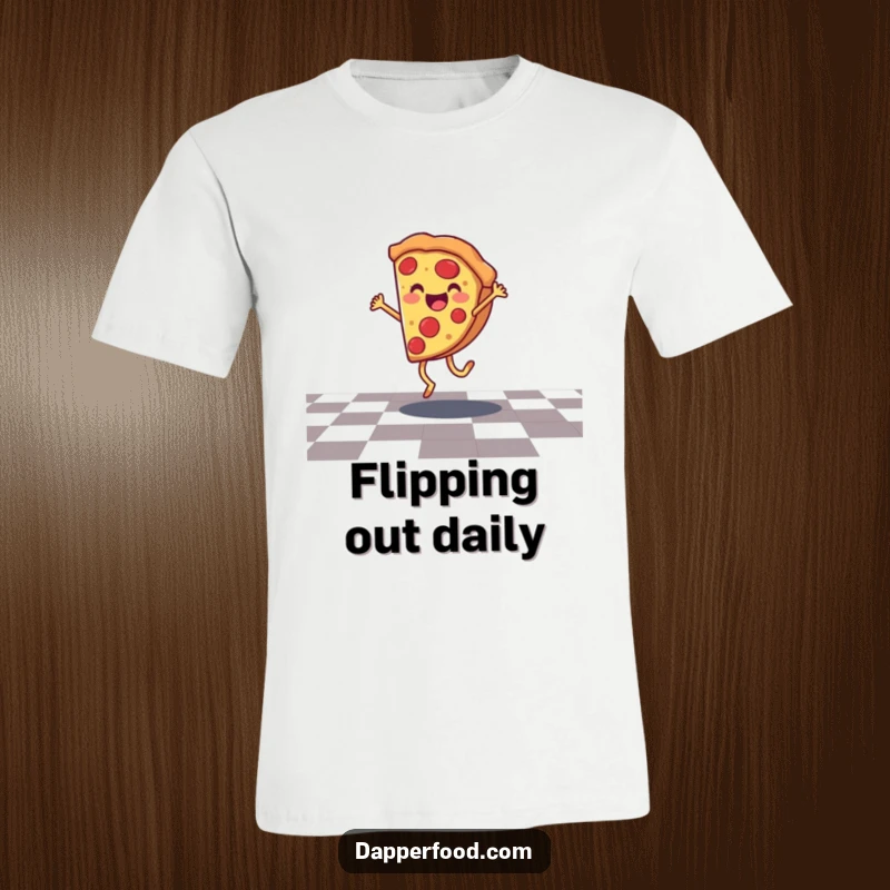 Funny pizza slice t-shirt character smiling and doing a cartwheel on a checkered floor, embodying playful energy.