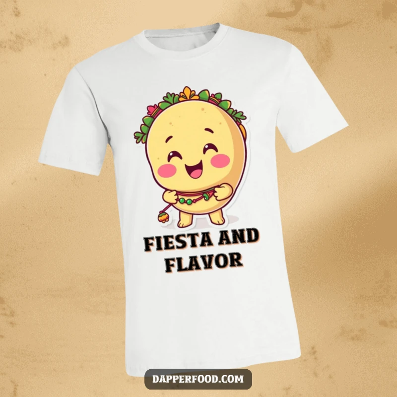 Funny taco t-shirt featuring a smiling anthropomorphic taco character shaking colorful maracas, embodying pure fiesta spirit and joy.