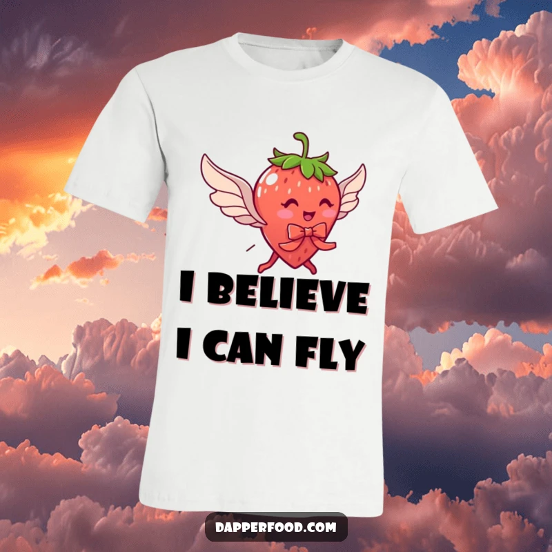 Funny t-shirt showcasing a delightful strawberry character with legs, wearing a ribbon and wings, attempting flight.