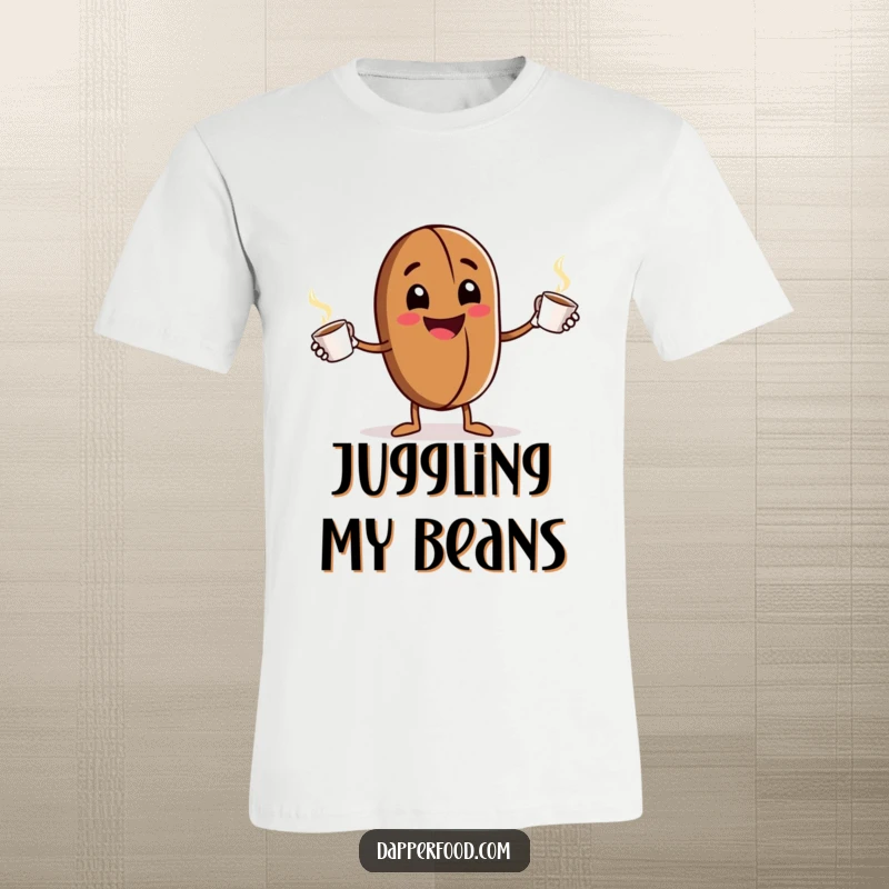 Funny T-Shirt: A grinning anthropomorphic coffee bean character enthusiastically juggles tiny steaming cups, showcasing a dynamic and humorous coffee-themed design.