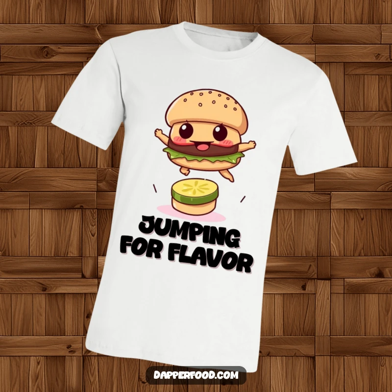 Funny t-shirt featuring a burger patty leaping over a pickle slice, showcasing determination.