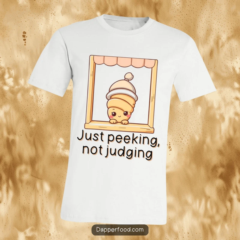 Funny croissant character with eyes and hat peeking from a bakery window, printed on a t-shirt, full of charm.