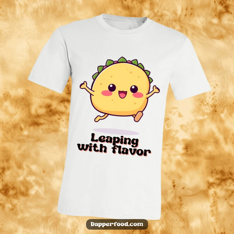 Funny Kawaii taco t-shirt depicting a cute taco character with small legs in an energetic leaping motion.