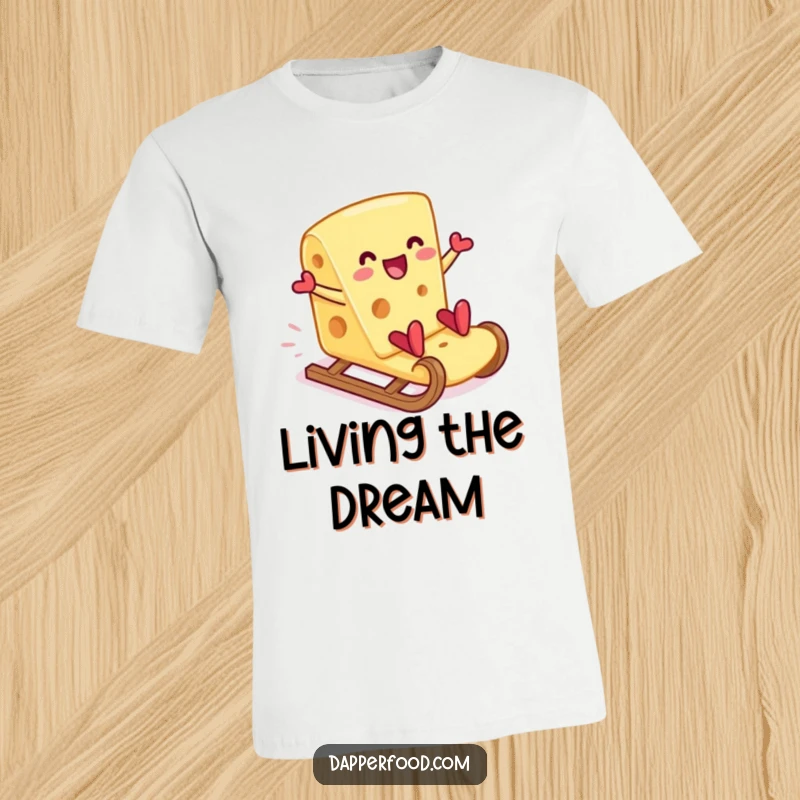 Funny cheese slice t-shirt joyfully sliding down a giant cracker, capturing a moment of delicious, cheesy fun. A brilliant funny gift.