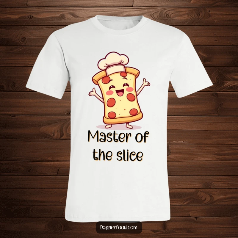 Funny t-shirt with a joyful pizza slice in a dramatic pose wearing a tiny chef hat, showcasing culinary humor.
