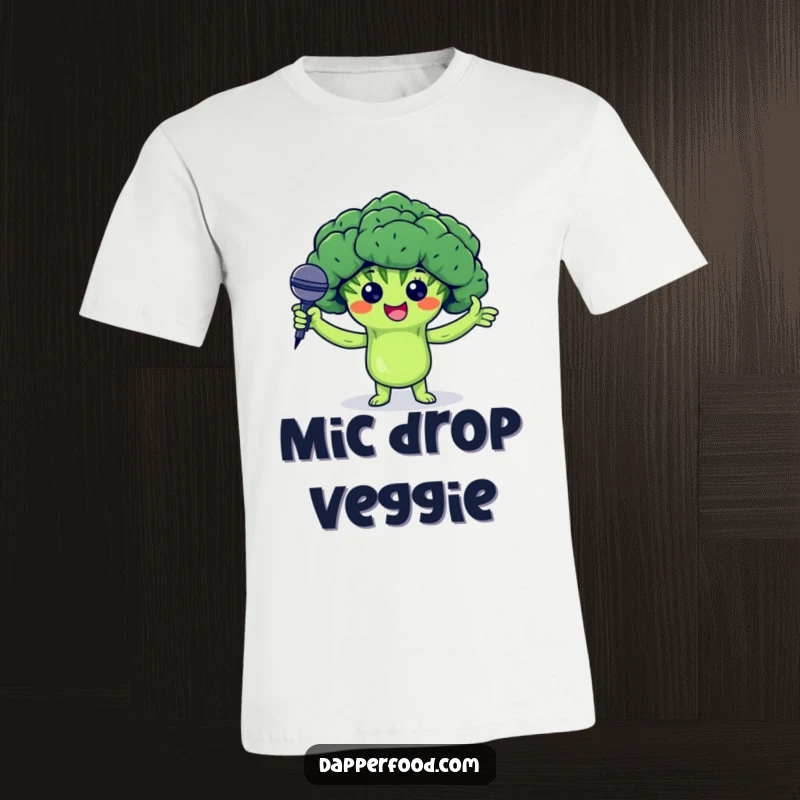 Funny t-shirt showcasing a proud broccoli floret character holding arms up and presenting a tiny microphone, ready to perform.