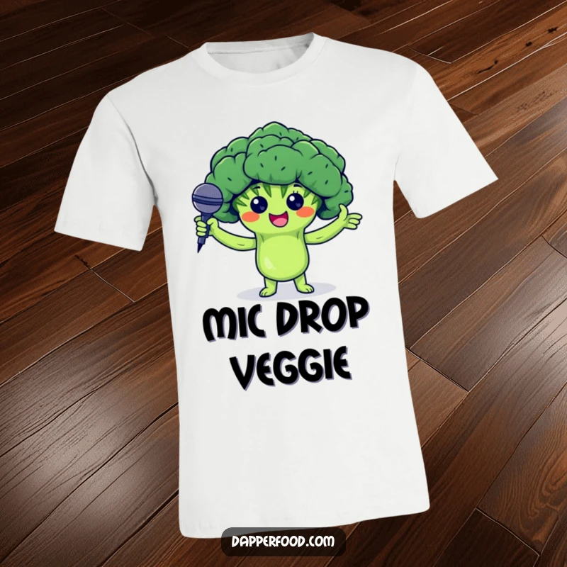 Funny t-shirt showcasing a confident broccoli floret character presenting a tiny microphone, ready to drop some green beats with style.