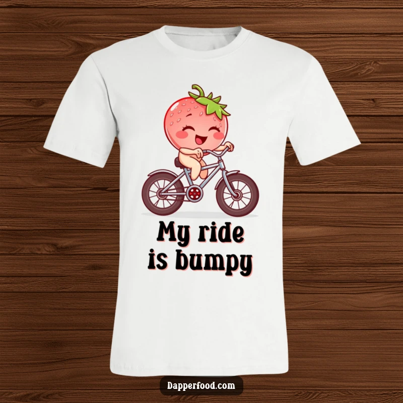Funny strawberry character winking and enthusiastically riding a tiny bicycle with square wheels, a humorous graphic tee.