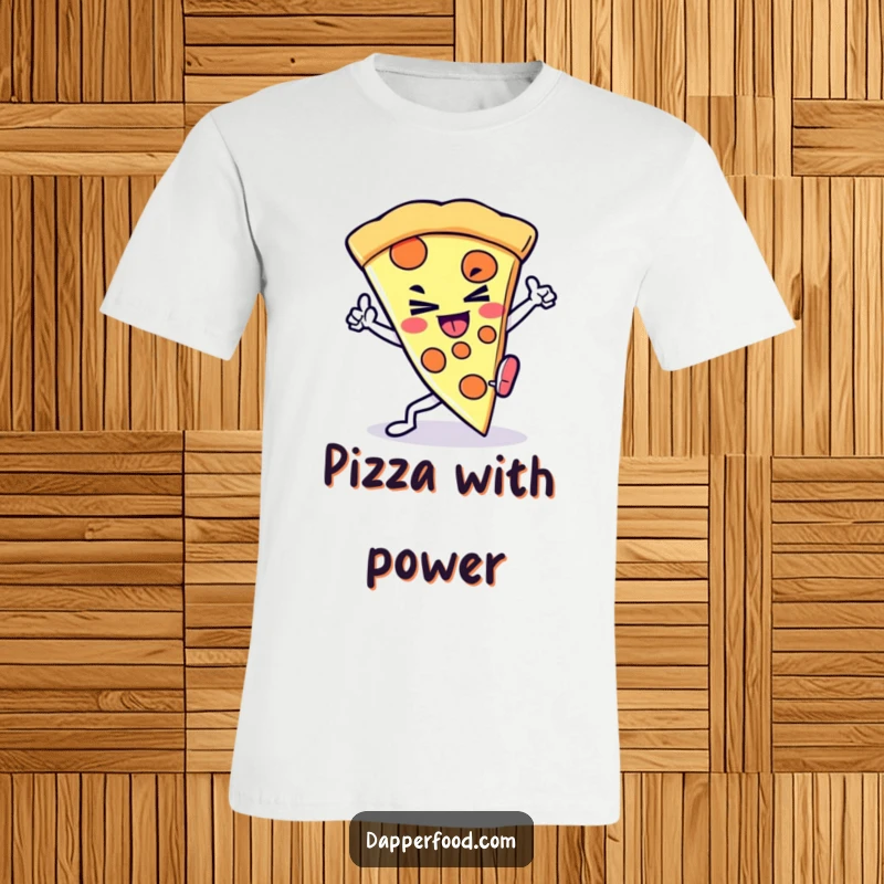 Funny Kawaii Pizza Kick T-Shirt: A determined pizza slice character executing a dynamic kick, embodying strength, a great funny gift.