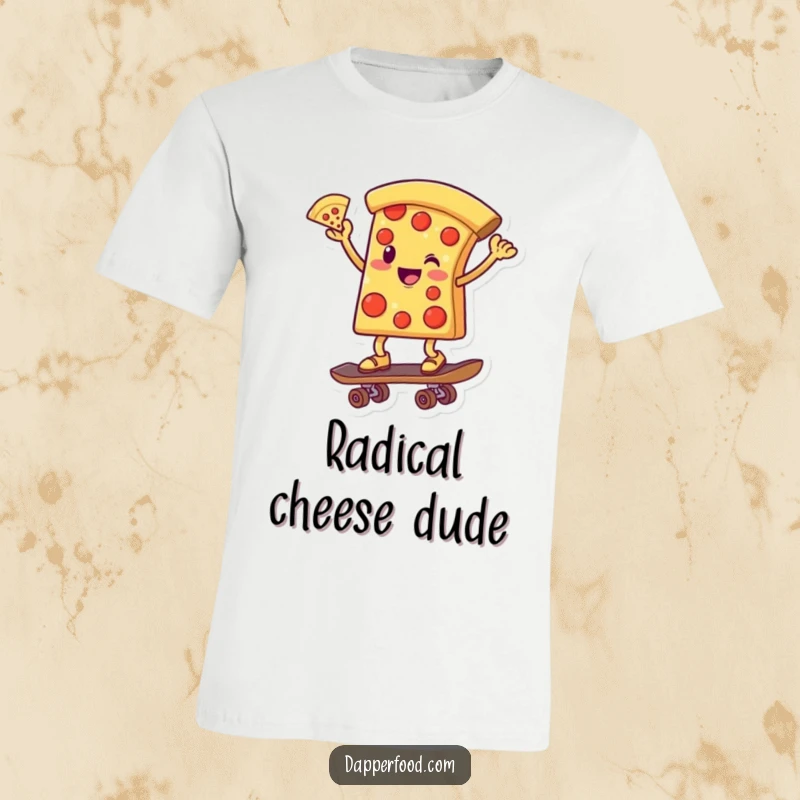 Funny T-shirt print of a cheerful pizza slice character skillfully balancing on a skateboard, one slice triumphantly raised.