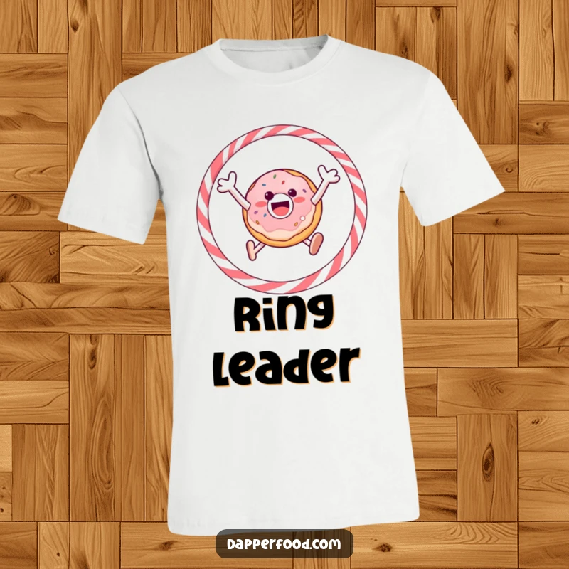 Funny t-shirt with a gleeful donut energetically jumping through a licorice hoop, looking super happy and excited.