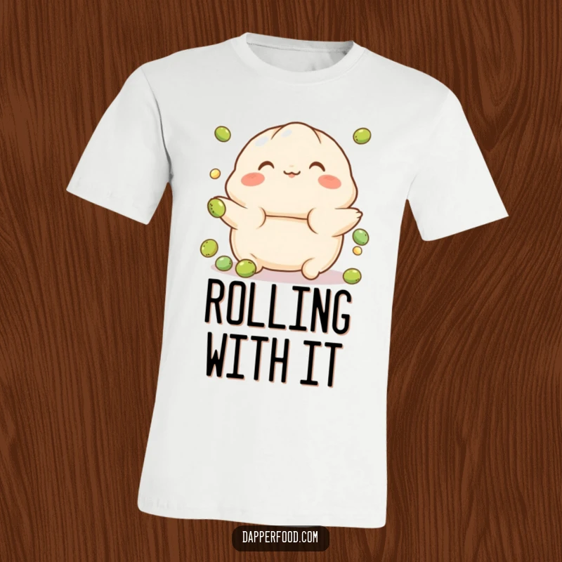 Funny Dumpling T-Shirt showcasing a playful character with rosy cheeks, balancing on a tiny ball, perfect for spreading adorable humor.