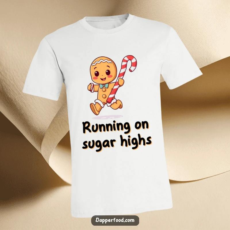 Funny gingerbread man character with arms running with a giant candy cane on a t-shirt, capturing holiday joy.