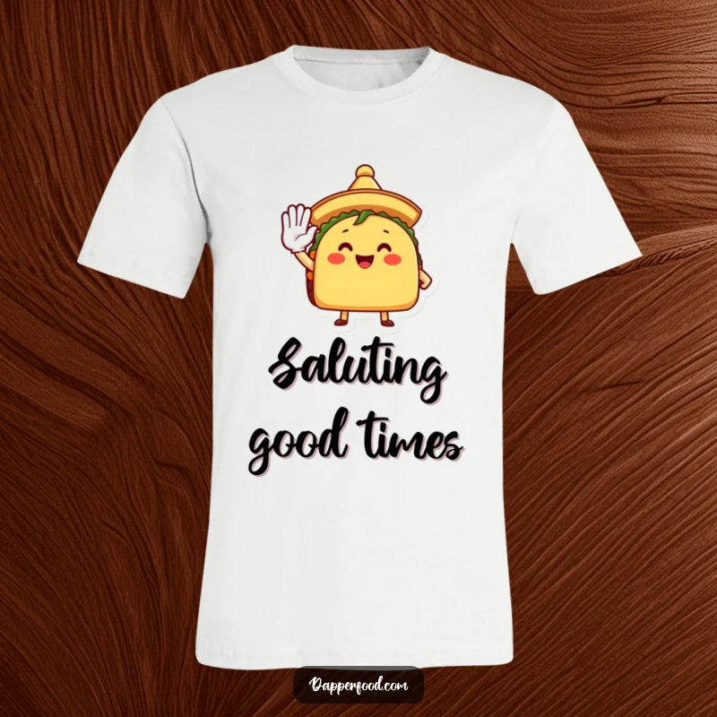 Funny T-Shirt showcasing a joyful taco character saluting with a sombrero, radiating pure happiness and fun.
