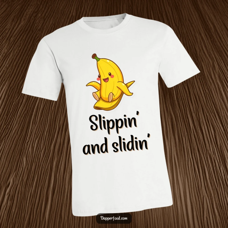 Funny t-shirt featuring a smiling banana having a blast sliding down a banana peel, showcasing pure enjoyment.
