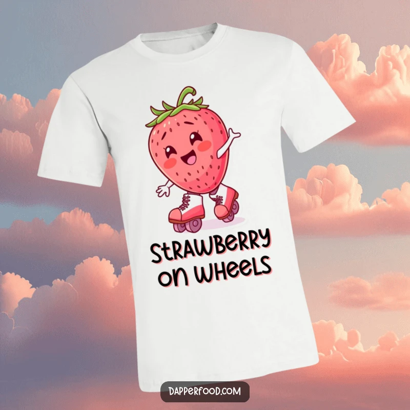 Funny anthropomorphic strawberry character joyfully wobbling on oversized roller skates, wearing a t-shirt.