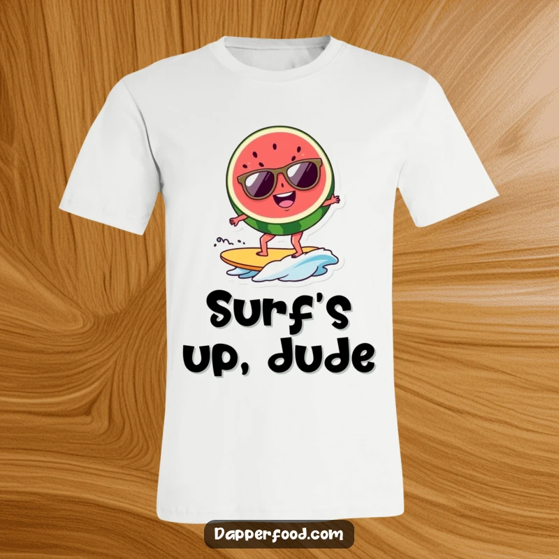 Funny watermelon slice t-shirt wearing sunglasses, joyfully surfing a small wave, embodying summer fun. A cool funny gift.