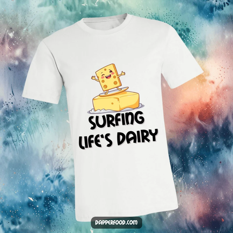 Funny delighted cheese slice character surfing on a giant pat of butter with a goofy grin, a humorous graphic tee.