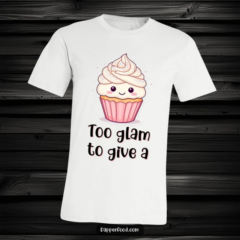 Funny cupcake t-shirt showcasing a happy character with frosting hair being showered in dazzling glitter, a vibrant and fun graphic.
