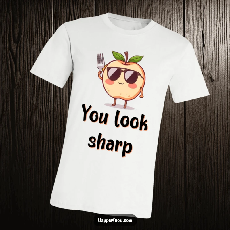 Funny t-shirt showcasing a blushing apple character wearing sunglasses and giving a salute with a tiny fork.